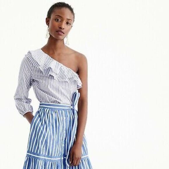 J. Crew Blue & White Striped One-shoulder Ruffled Blouse - Picture 2 of 9